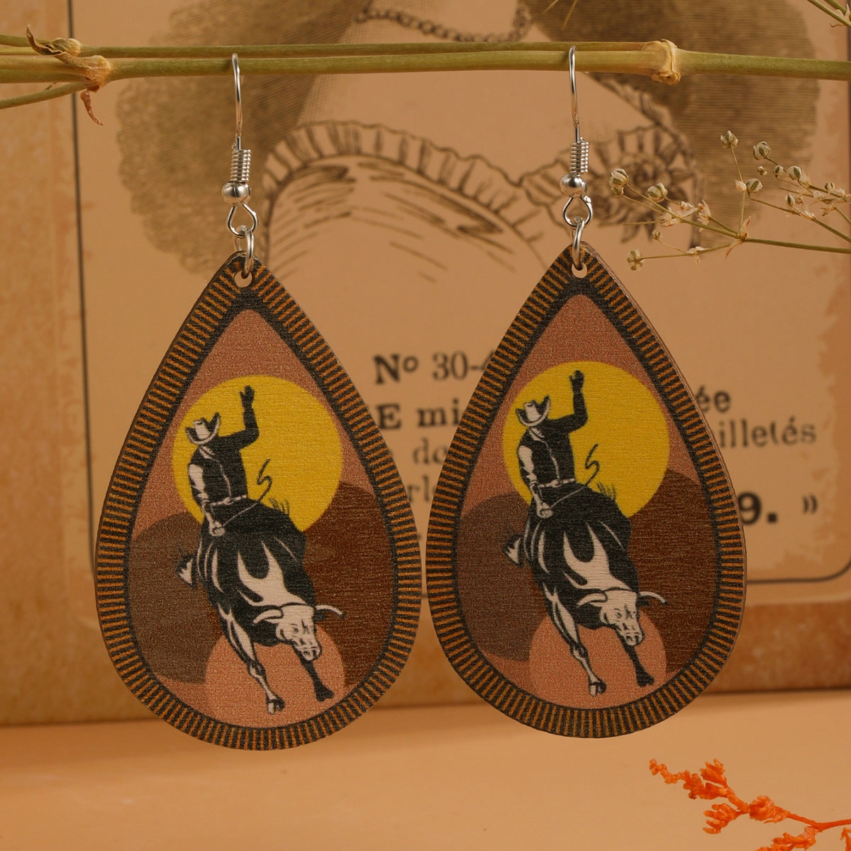 Wholesale Western Cowboy Boots Hat Teardrop Shape Wooden Earrings