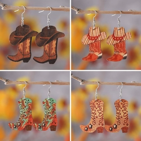 Wholesale Western Cowboy Boots Hat Wooden Earrings