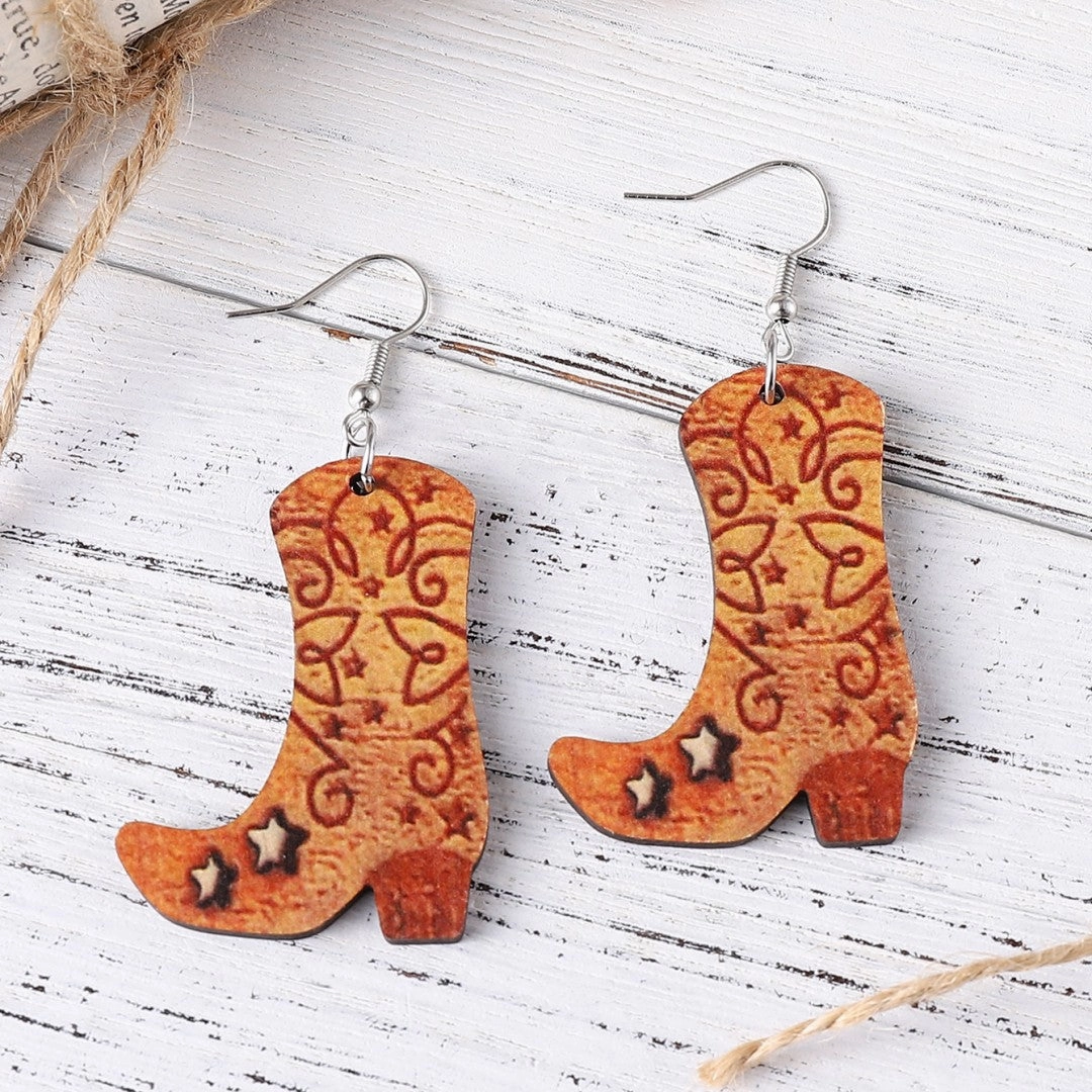 Wholesale Western Cowboy Boots Hat Wooden Earrings