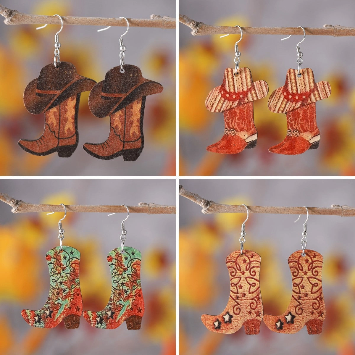 Wholesale Western Cowboy Boots Hat Wooden Earrings