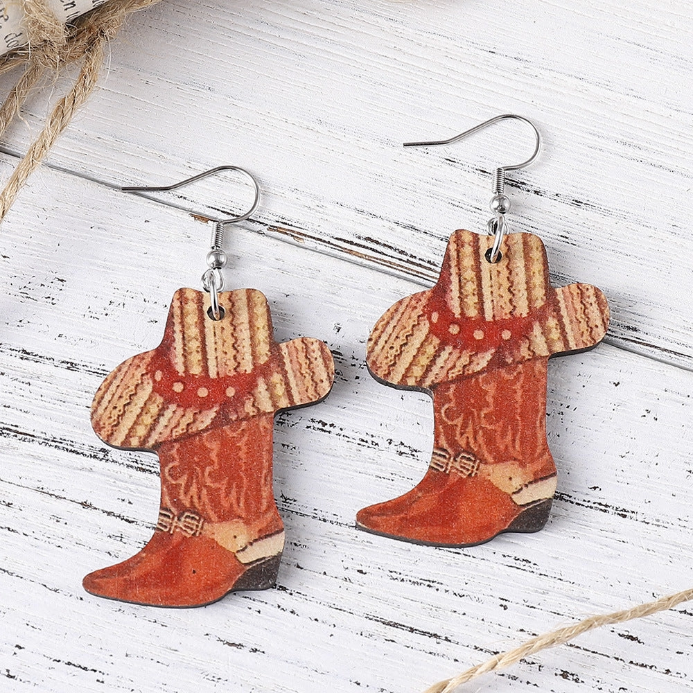 Wholesale Western Cowboy Boots Hat Wooden Earrings