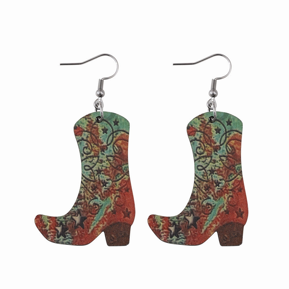Wholesale Western Cowboy Boots Hat Wooden Earrings