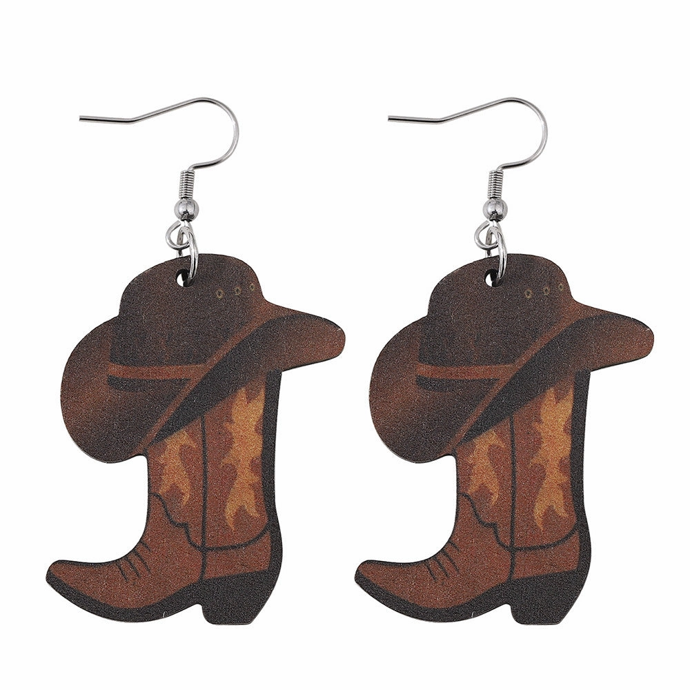 Wholesale Western Cowboy Boots Hat Wooden Earrings