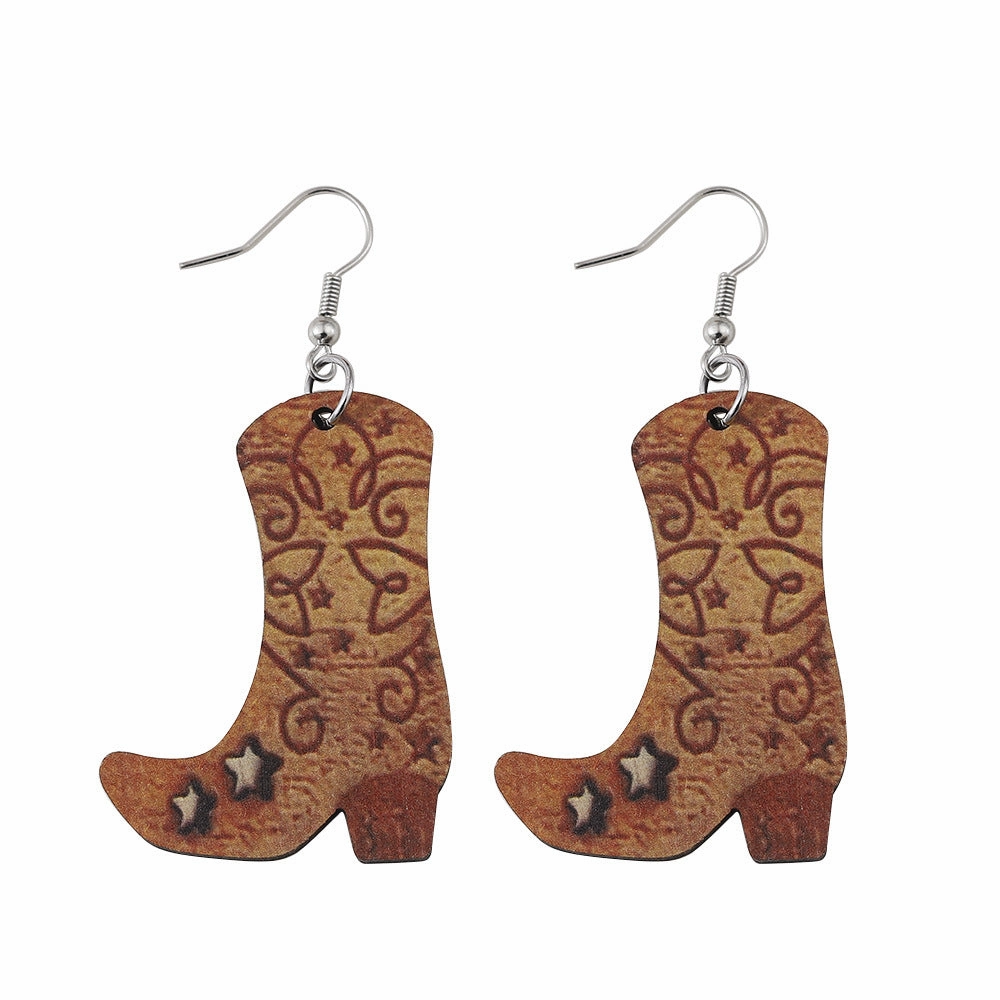 Wholesale Western Cowboy Boots Hat Wooden Earrings