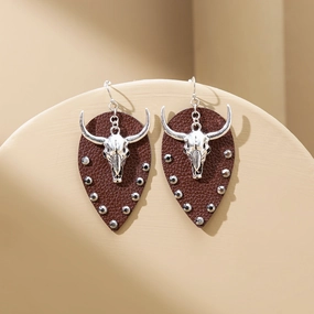 Wholesale Western Cowboy Bullhead Leather Earrings