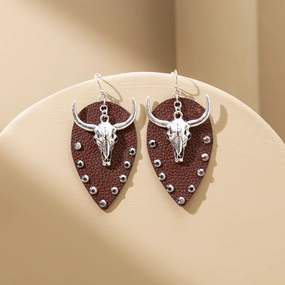 Wholesale Western Cowboy Bullhead Leather Earrings