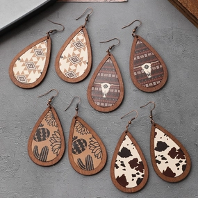 Wholesale Western Cowboy Cactus Bull Head Retro Totem Pattern Leather Wood Earrings