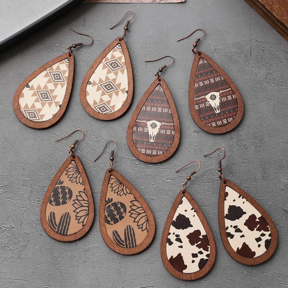 Wholesale Western Cowboy Cactus Bull Head Retro Totem Pattern Leather Wood Earrings