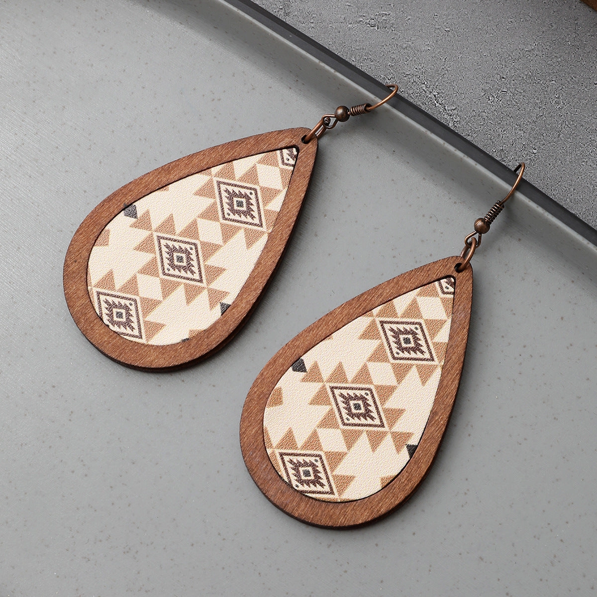 Wholesale Western Cowboy Cactus Bull Head Retro Totem Pattern Leather Wood Earrings