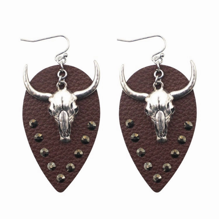Wholesale Western Cowboy Cow Head Ethnic Style Leather Earrings