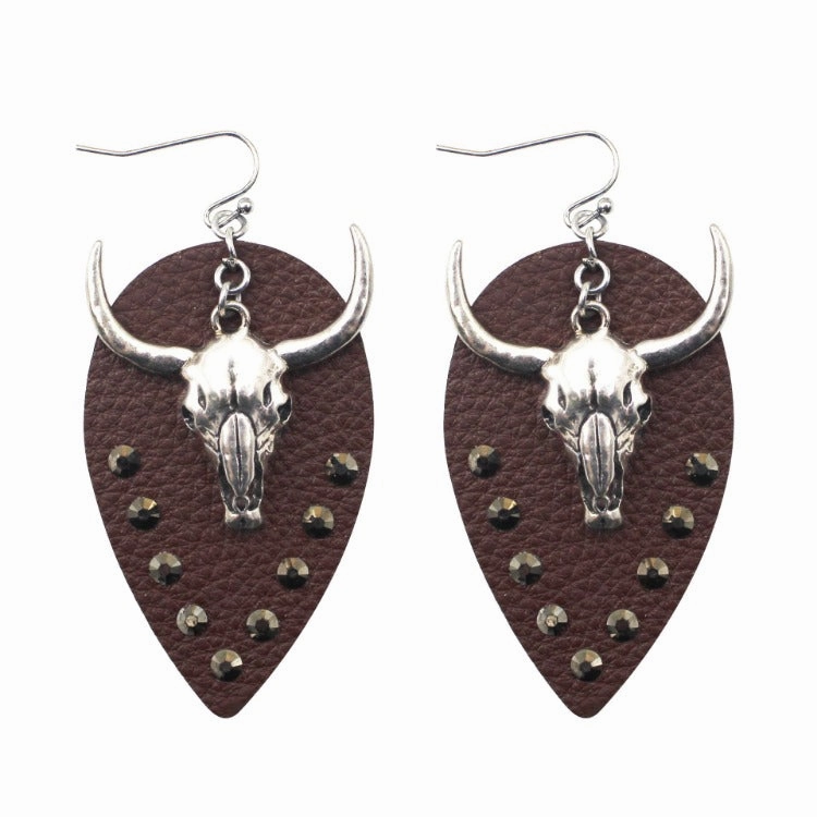 Wholesale Western Cowboy Cow Head Ethnic Style Leather Earrings
