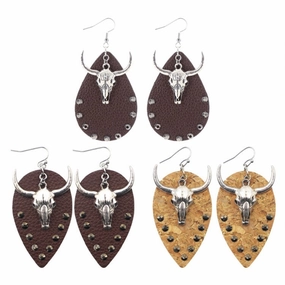 Wholesale Western Cowboy Cow Head Ethnic Style Leather Earrings