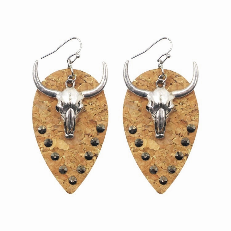 Wholesale Western Cowboy Cow Head Ethnic Style Leather Earrings