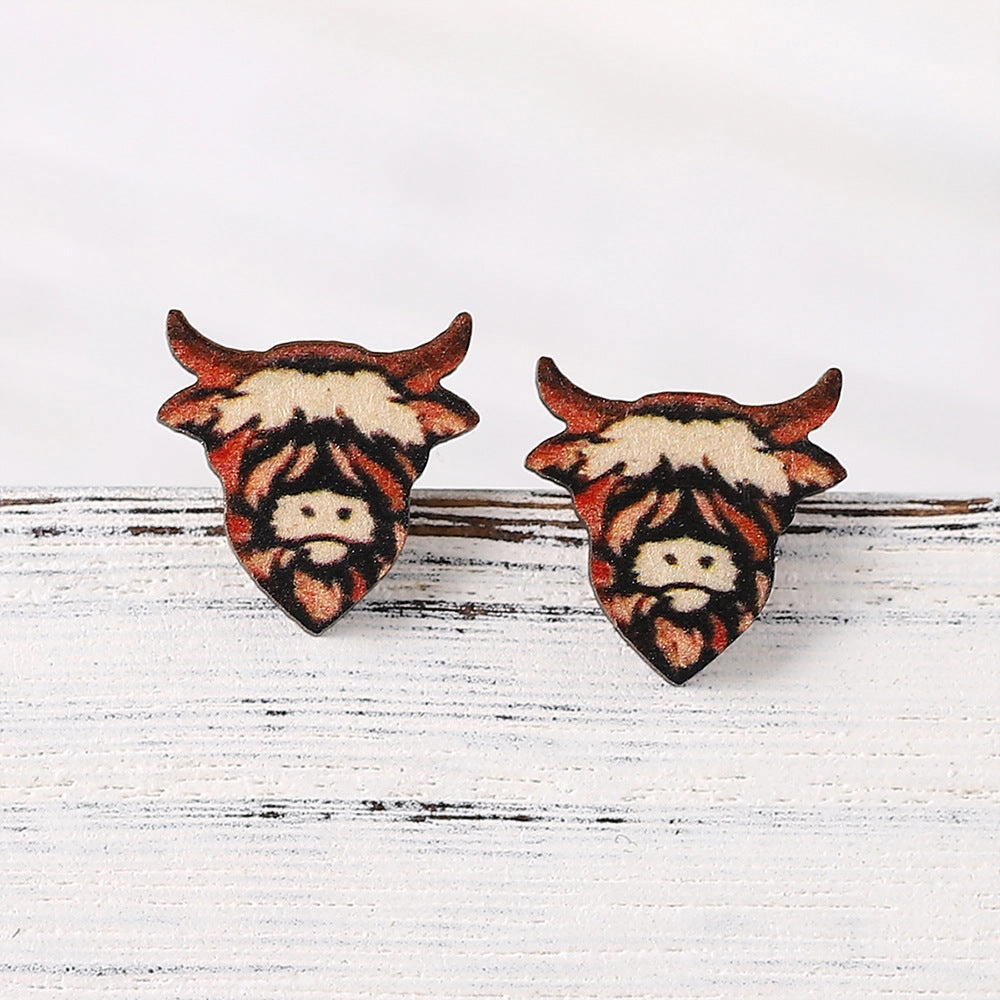 Wholesale Western Cowboy Highland Cow Bow Tie Bull Head Wooden Earrings