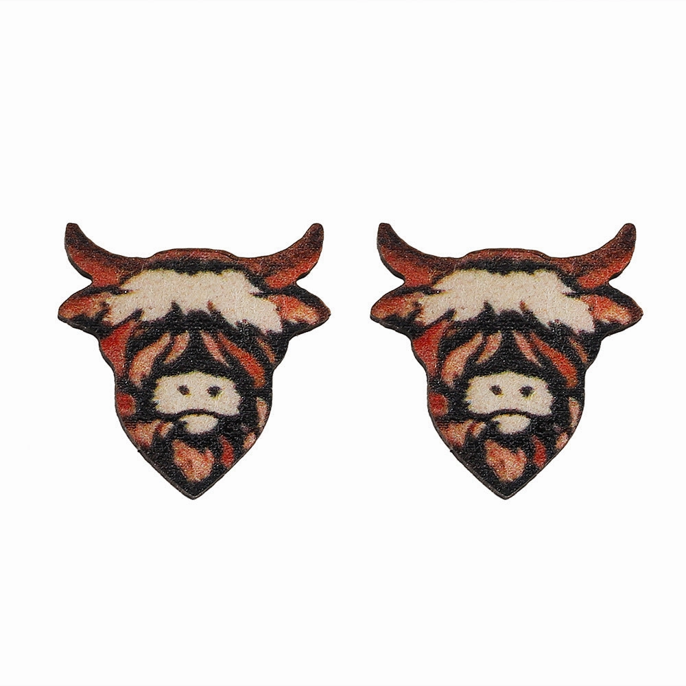Wholesale Western Cowboy Highland Cow Bow Tie Bull Head Wooden Earrings