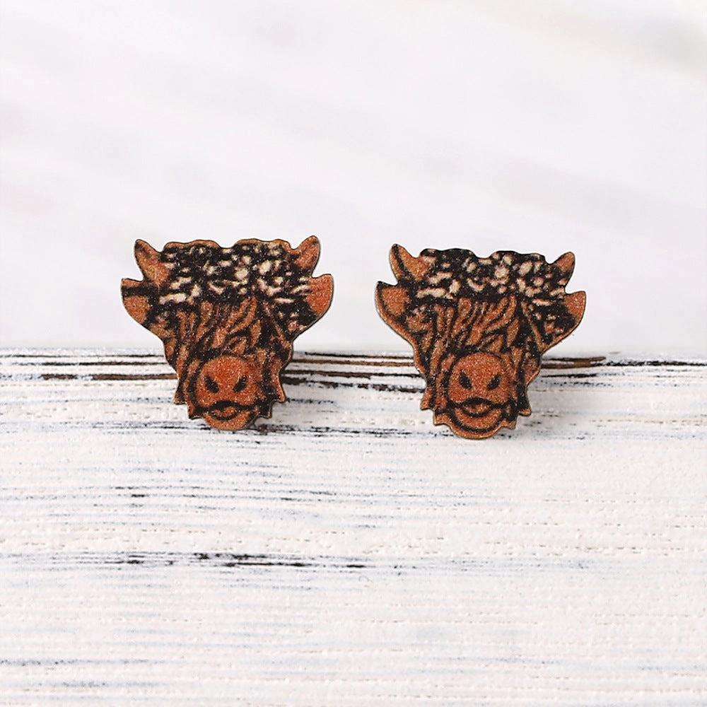 Wholesale Western Cowboy Highland Cow Bow Tie Bull Head Wooden Earrings