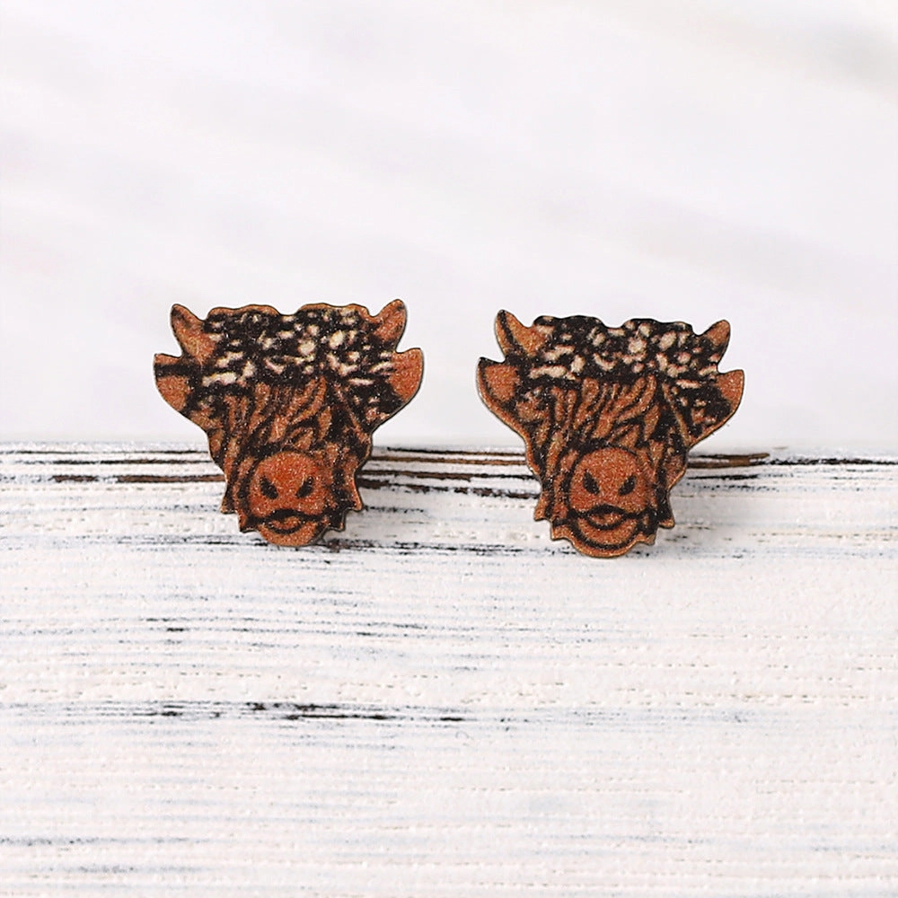 Wholesale Western Cowboy Highland Cow Bow Tie Bull Head Wooden Earrings