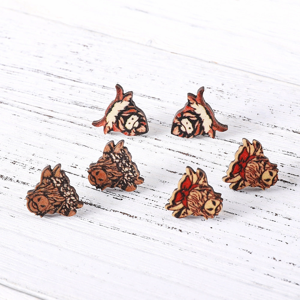 Wholesale Western Cowboy Highland Cow Bow Tie Bull Head Wooden Earrings