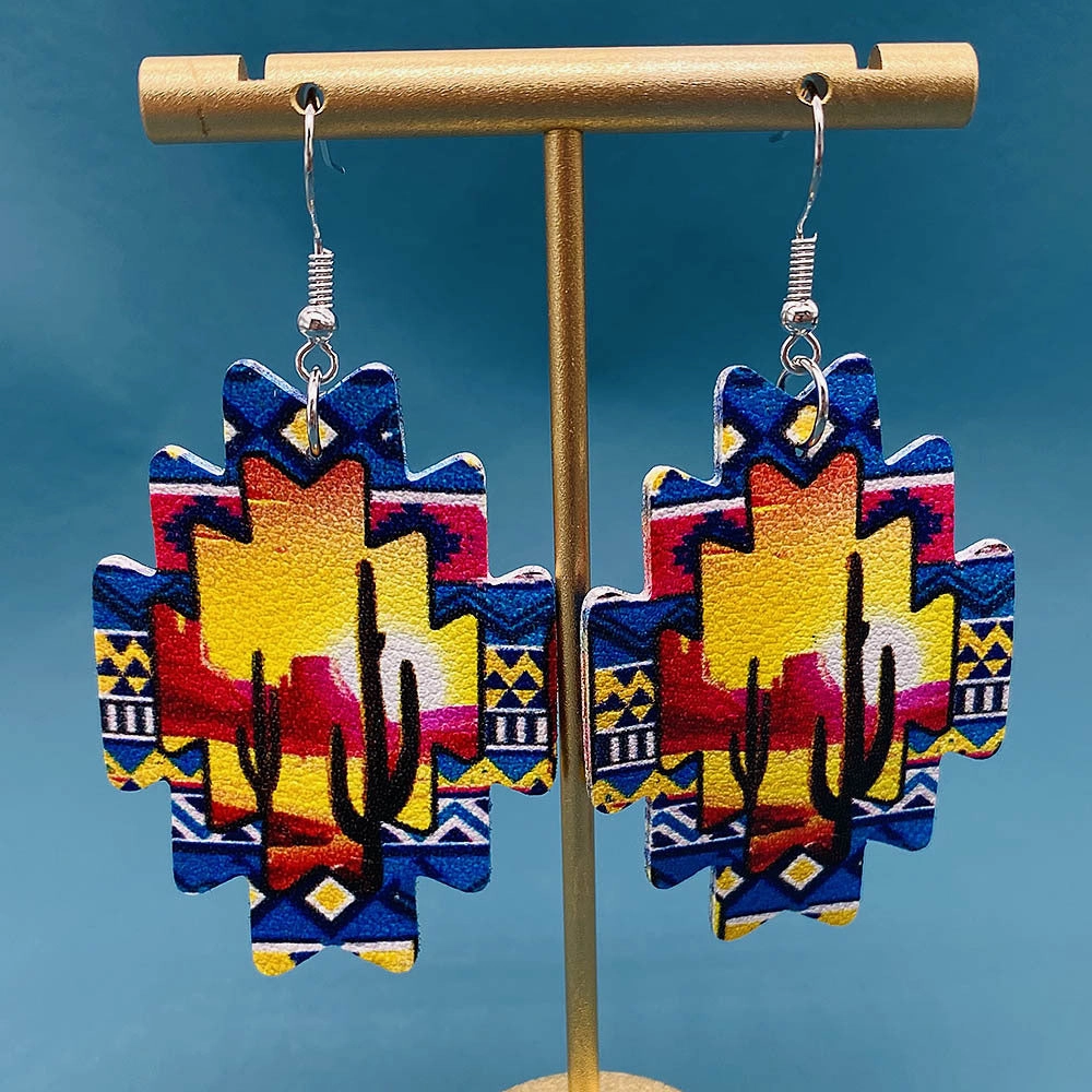 Wholesale Western Cowboy Leather Aztec Sunflower Cactus Drop Pendant Earrings