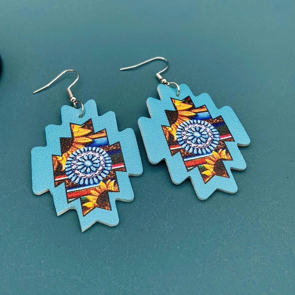 Wholesale Western Cowboy Leather Aztec Sunflower Cactus Drop Pendant Earrings