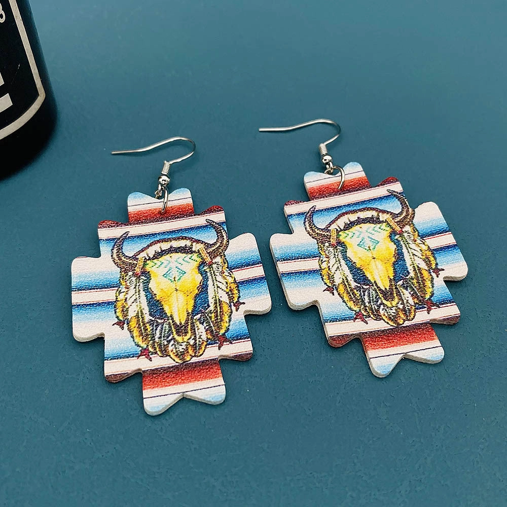 Wholesale Western Cowboy Leather Aztec Sunflower Cactus Drop Pendant Earrings