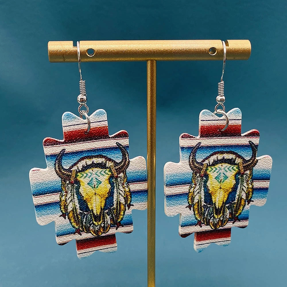 Wholesale Western Cowboy Leather Aztec Sunflower Cactus Drop Pendant Earrings