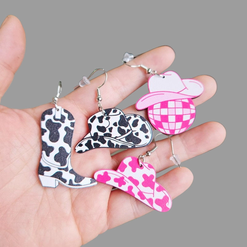Wholesale Western Cowboy Pentagram Hat Wood Earrings