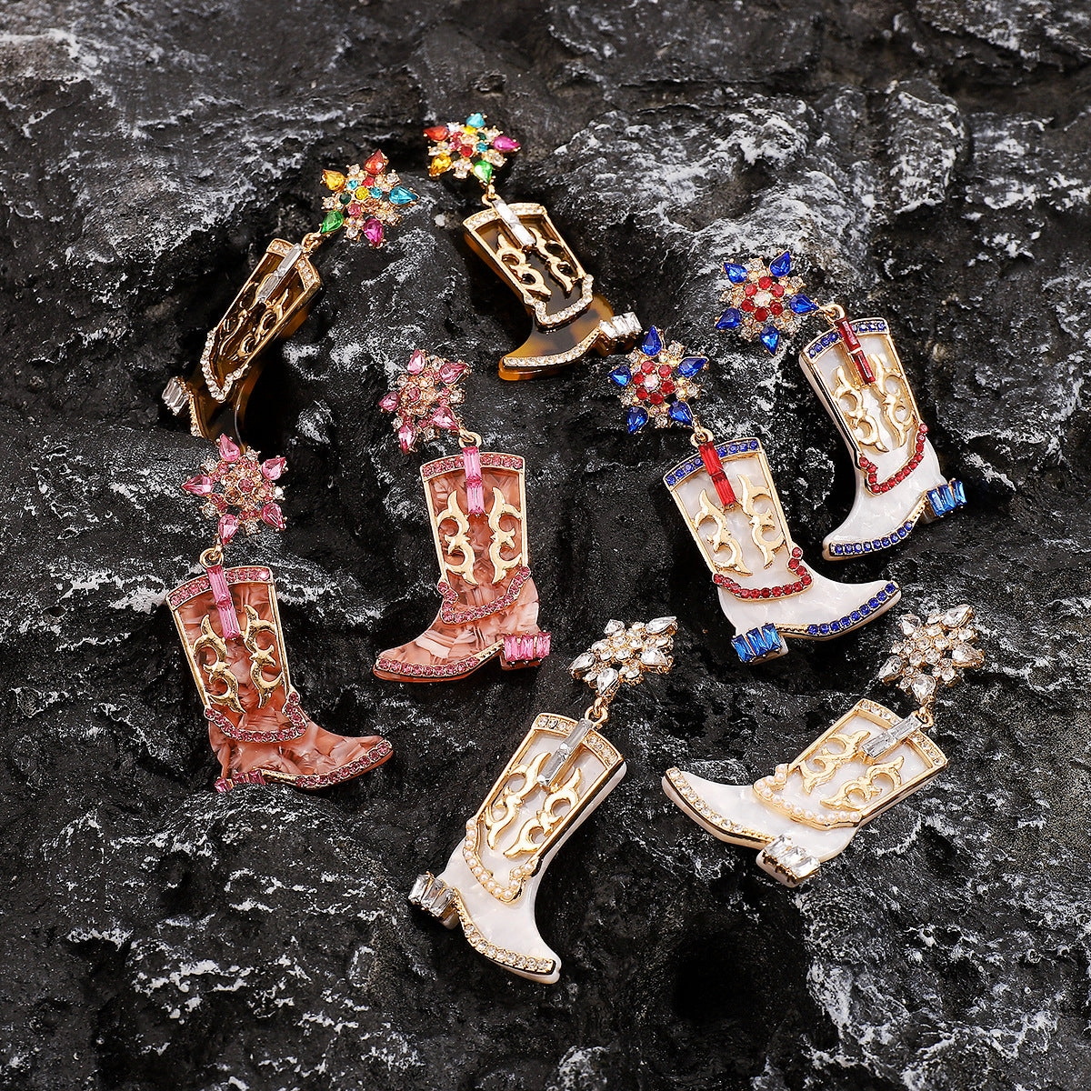Wholesale Western Cowboy Style Boots Diamond-Drip Oil Independence Day Earrings