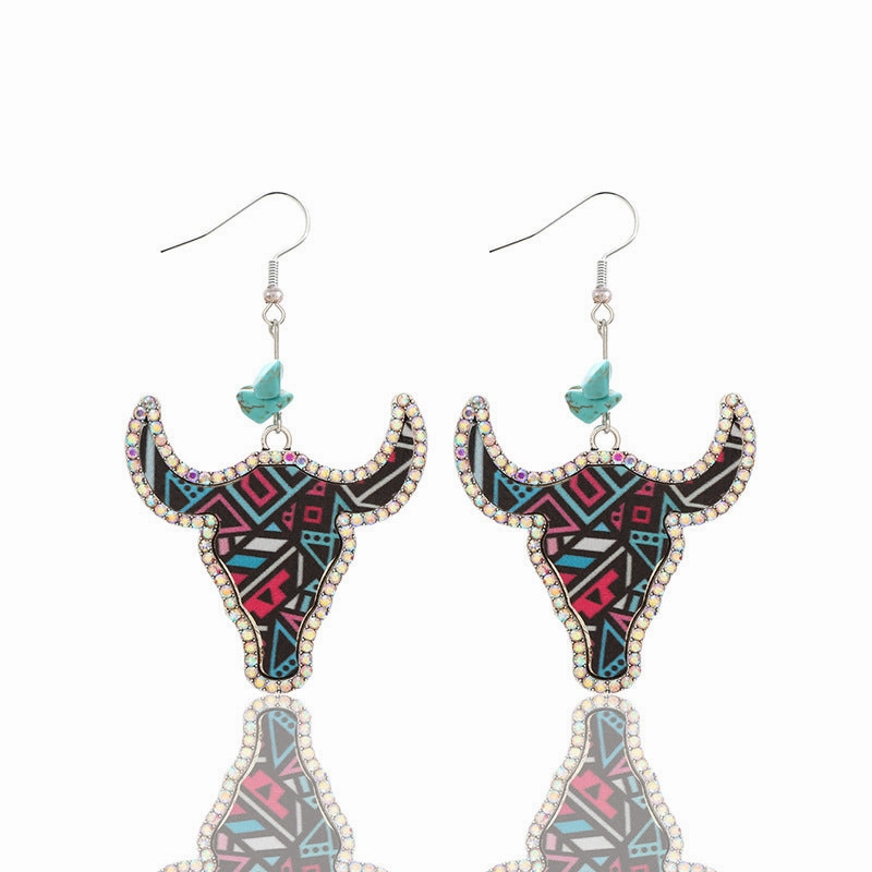Wholesale Western Cowboy Style Bull Head Color Leather Diamond Retro Earrings
