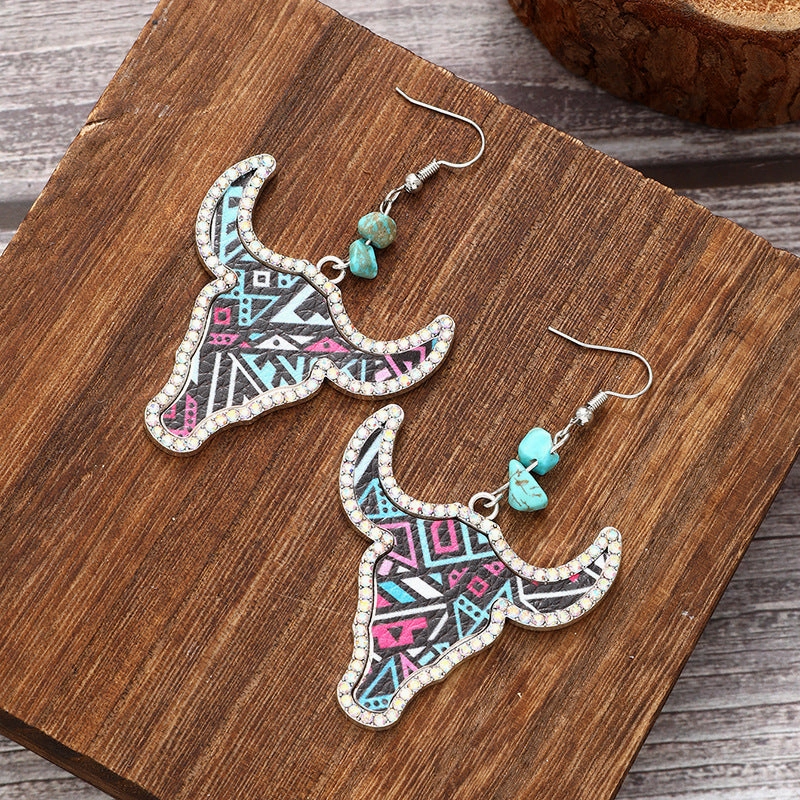 Wholesale Western Cowboy Style Bull Head Color Leather Diamond Retro Earrings