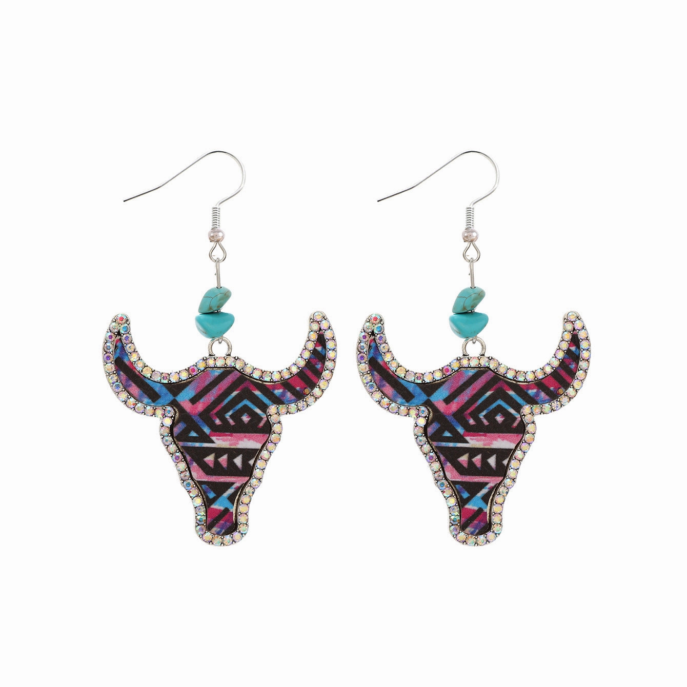 Wholesale Western Cowboy Style Bull Head Color Leather Diamond Retro Earrings