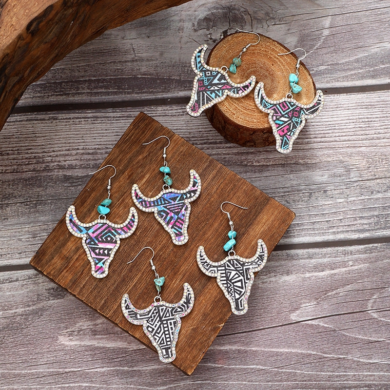 Wholesale Western Cowboy Style Bull Head Color Leather Diamond Retro Earrings
