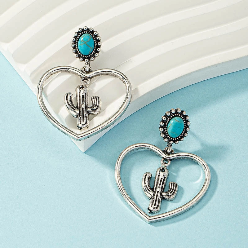 Wholesale Western Cowboy Turquoise Cactus Heart Alloy Earrings