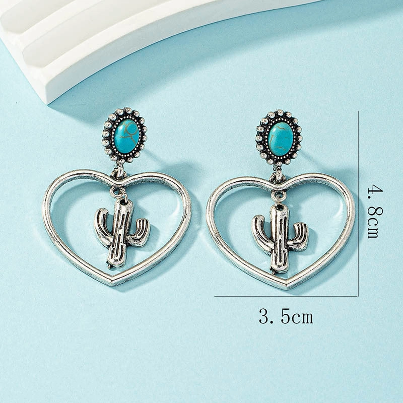 Wholesale Western Cowboy Turquoise Cactus Heart Alloy Earrings