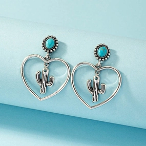 Wholesale Western Cowboy Turquoise Cactus Heart Alloy Earrings