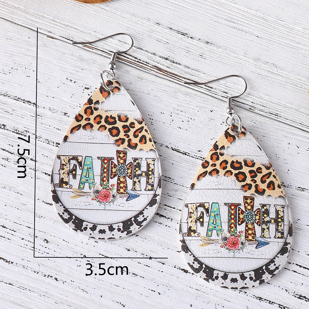 Wholesale Western Denim FAITH Leopard Print Turquoise Cross Double Sided Print PU Leather Drop Earrings