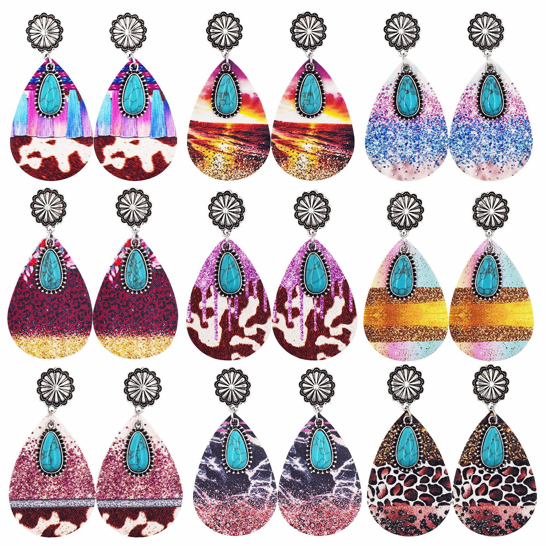 Wholesale Western Denim Leopard Leather Earrings
