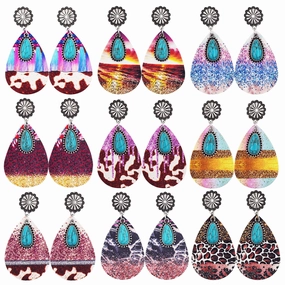 Wholesale Western Denim Leopard Leather Earrings