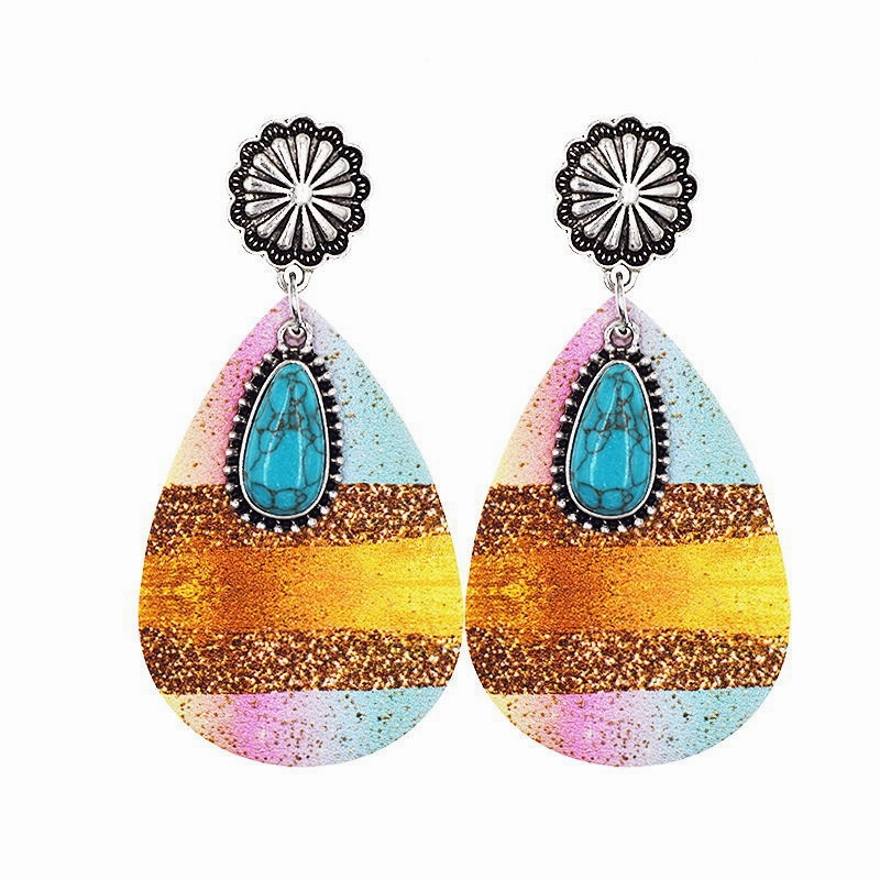 Wholesale Western Denim Leopard Leather Earrings