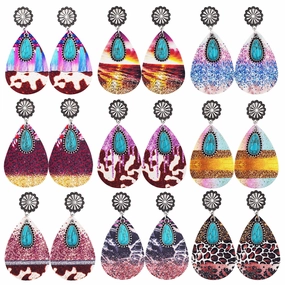 Wholesale Western Denim Leopard Leather Earrings