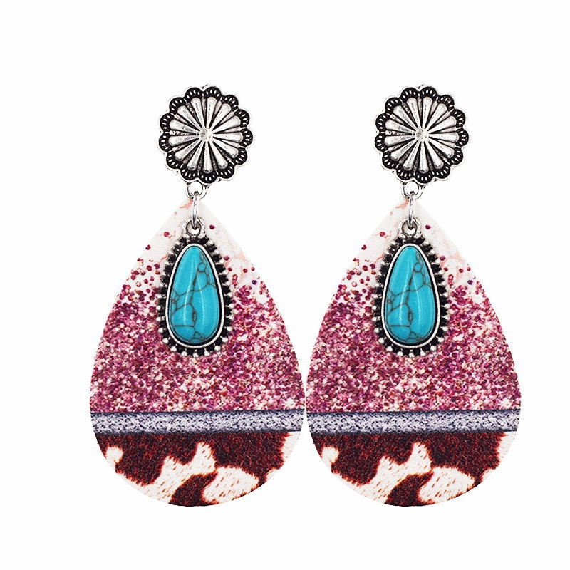 Wholesale Western Denim Leopard Leather Earrings