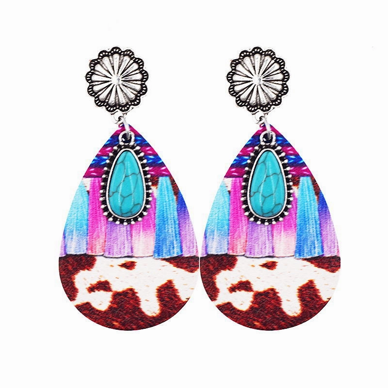 Wholesale Western Denim Leopard Leather Earrings