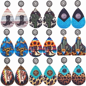Wholesale Western Denim Reversible Check Leather Earrings
