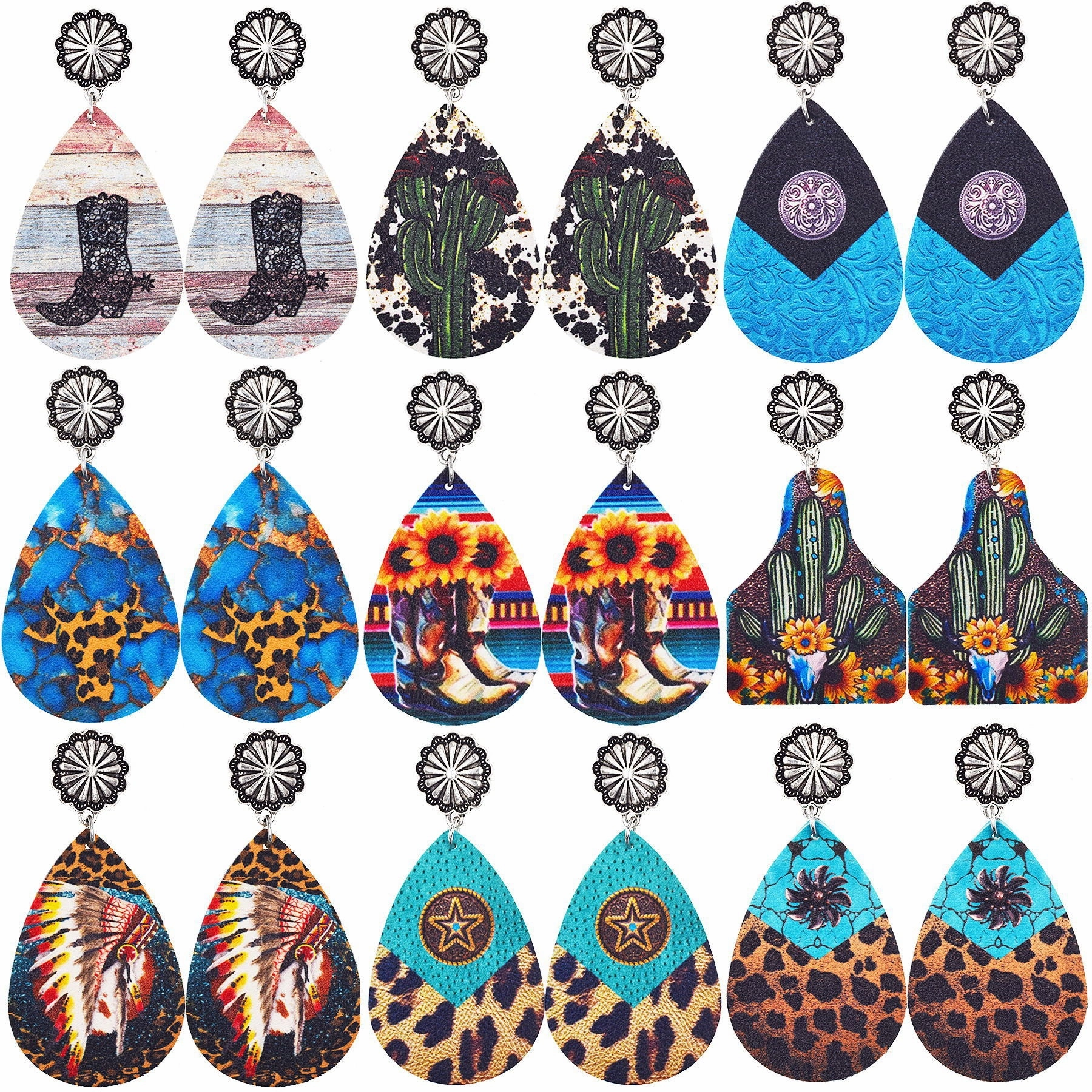 Wholesale Western Denim Reversible Check Leather Earrings