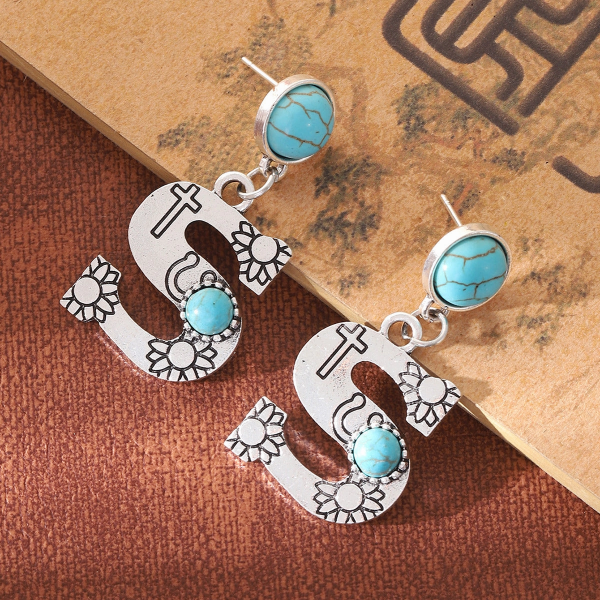 Wholesale Western Denim Sunflower Cactus Alloy Earrings