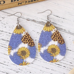 Wholesale Western Ethnic Denim Sunflower Water Drop Pendant Double-sided PU Leather Earrings