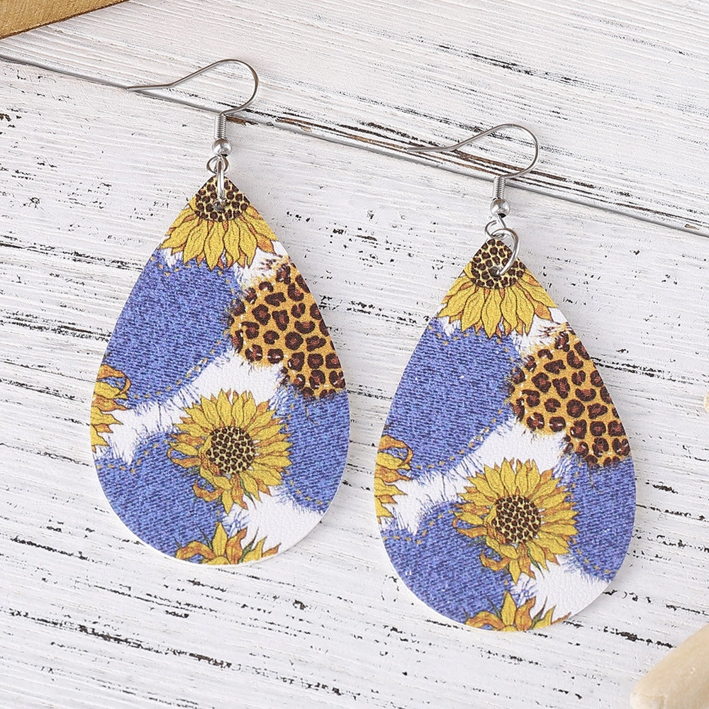 Wholesale Western Ethnic Denim Sunflower Water Drop Pendant Double-sided PU Leather Earrings