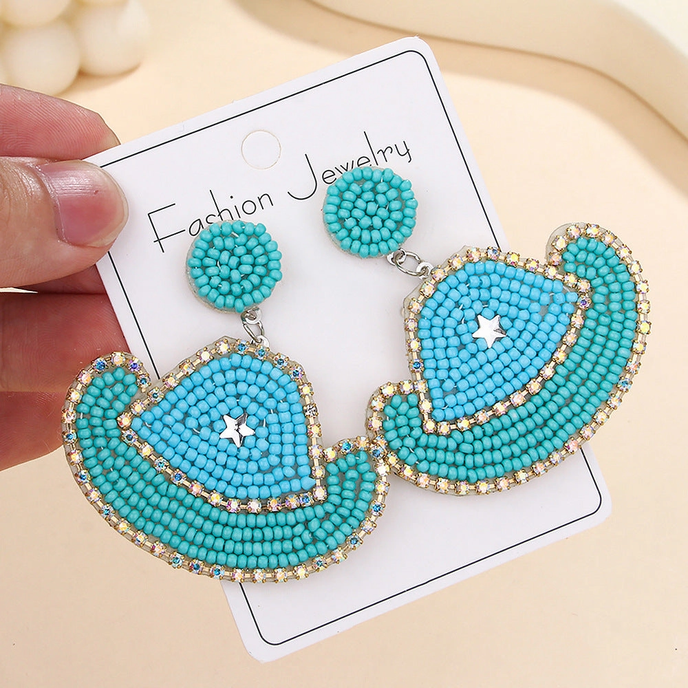 Wholesale Western Hand-woven Bohemia Cowboy Hat Beaded Earrings