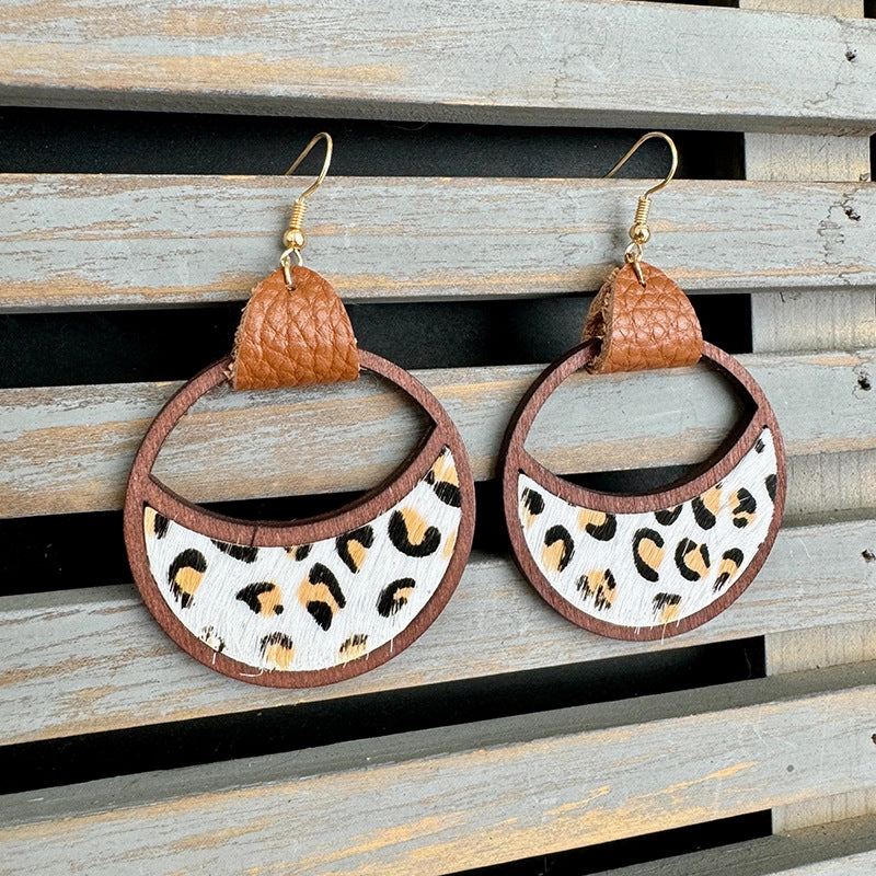 Wholesale Western Leather Circular Geometric Hollow Inlaid with Leopard Print Classic Exaggerated Earrings