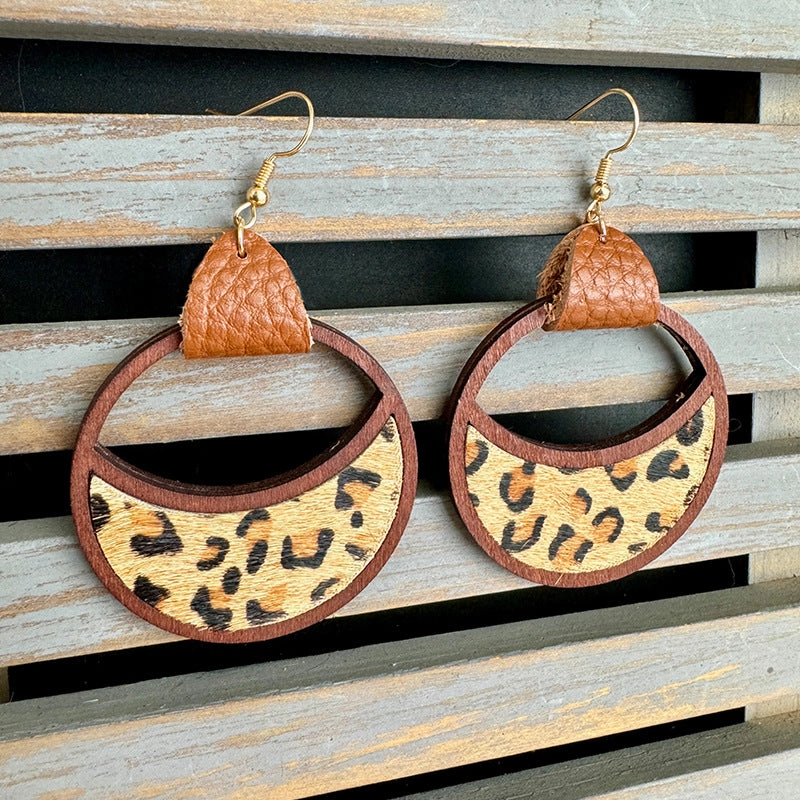 Wholesale Western Leather Circular Geometric Hollow Inlaid with Leopard Print Classic Exaggerated Earrings